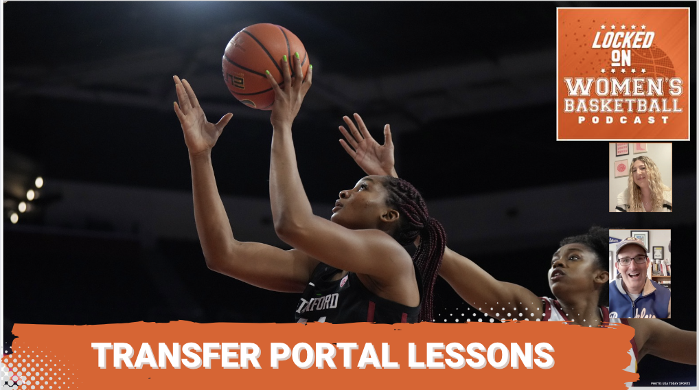 Kiki Iriafen jumps for the basketball. A banner at the bottom of the image reads transfer portal lessons. The image has Locked On Women’s Basketball branding.